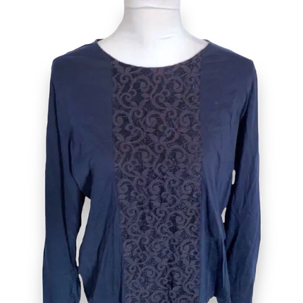 Lauren Ralph Lauren Top Women’s Extra Small XS Navy Lace‎ Panel Boatneck Blouse